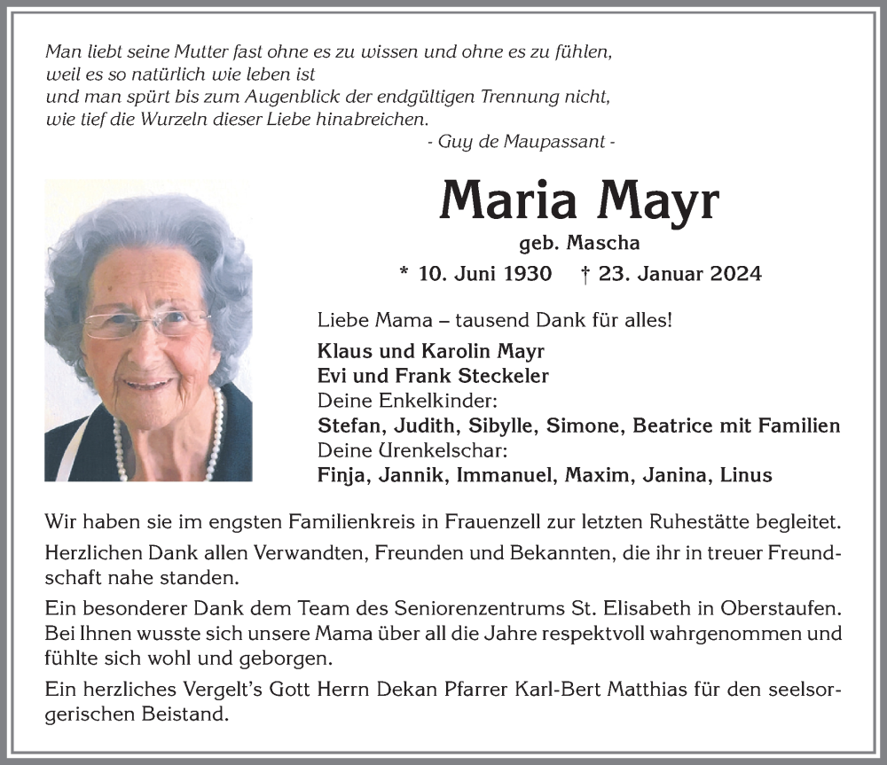 Traueranzeige von Maria Mayr von Allgäuer Anzeigeblatt