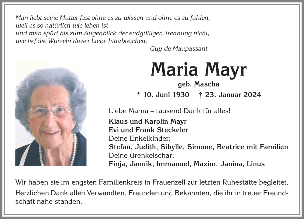 Traueranzeige von Maria Mayr von Allgäuer Zeitung,Kempten