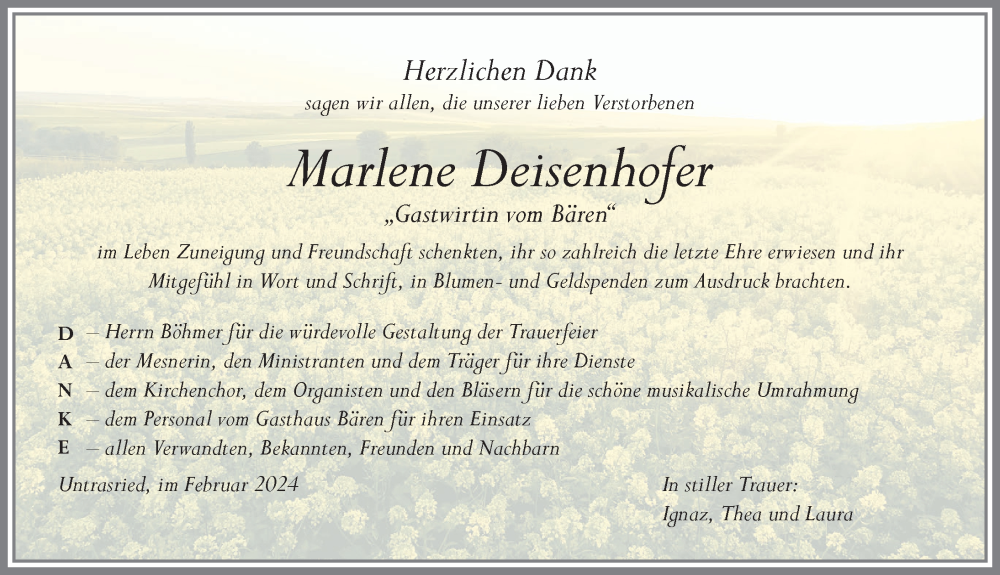 Traueranzeige von Marlene Deisenhofer von Allgäuer Zeitung, Marktoberdorf