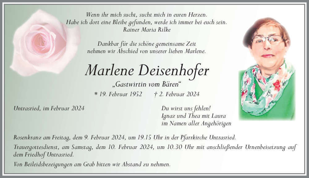 Traueranzeige von Marlene Deisenhofer von Allgäuer Zeitung, Marktoberdorf