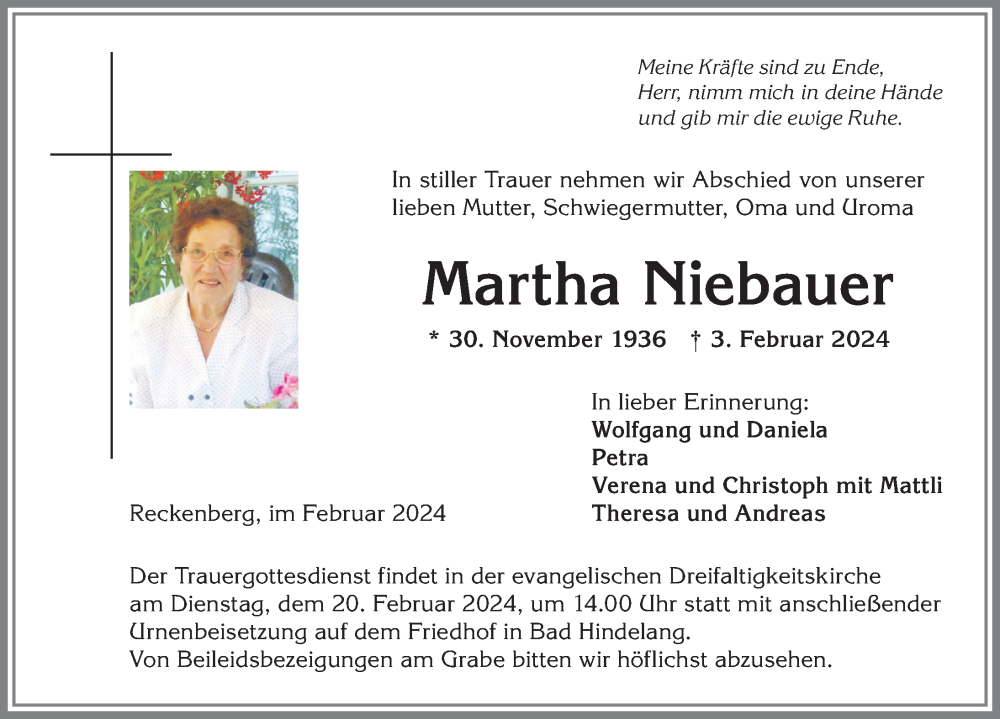 Traueranzeige von Martha Niebauer von Allgäuer Anzeigeblatt