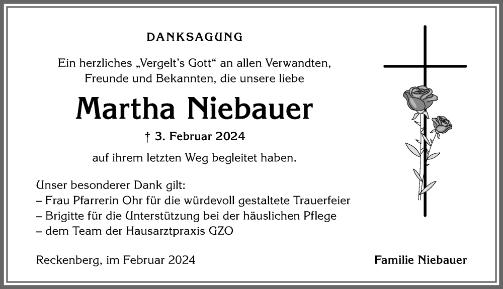 Traueranzeige von Martha Niebauer von Allgäuer Anzeigeblatt