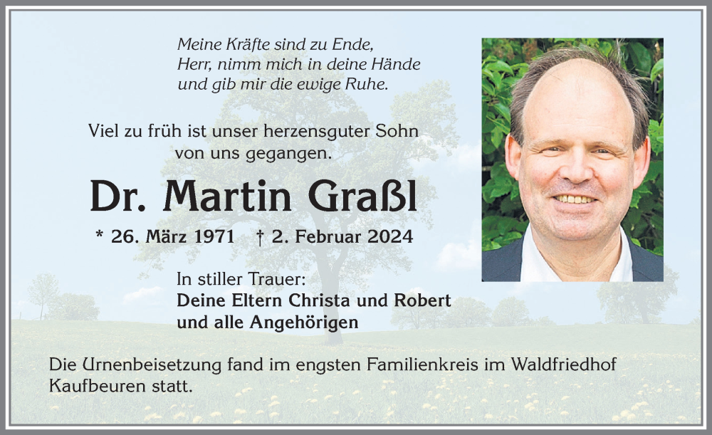 Traueranzeige von Martin Graßl von Allgäuer Zeitung, Kaufbeuren/Buchloe