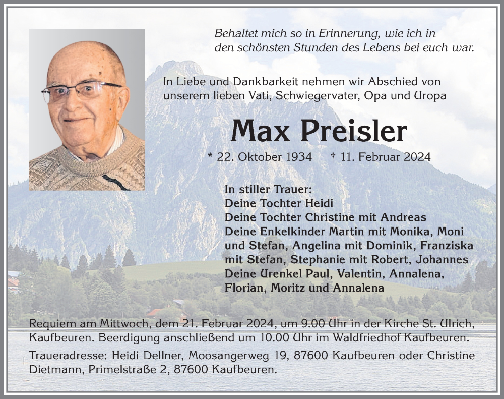 Traueranzeige von Max Preisler von Allgäuer Zeitung, Kaufbeuren/Buchloe