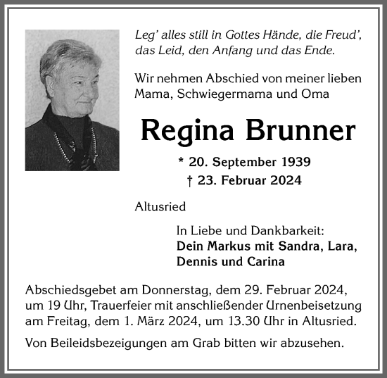 Traueranzeige von Regina Brunner von Allgäuer Zeitung,Kempten
