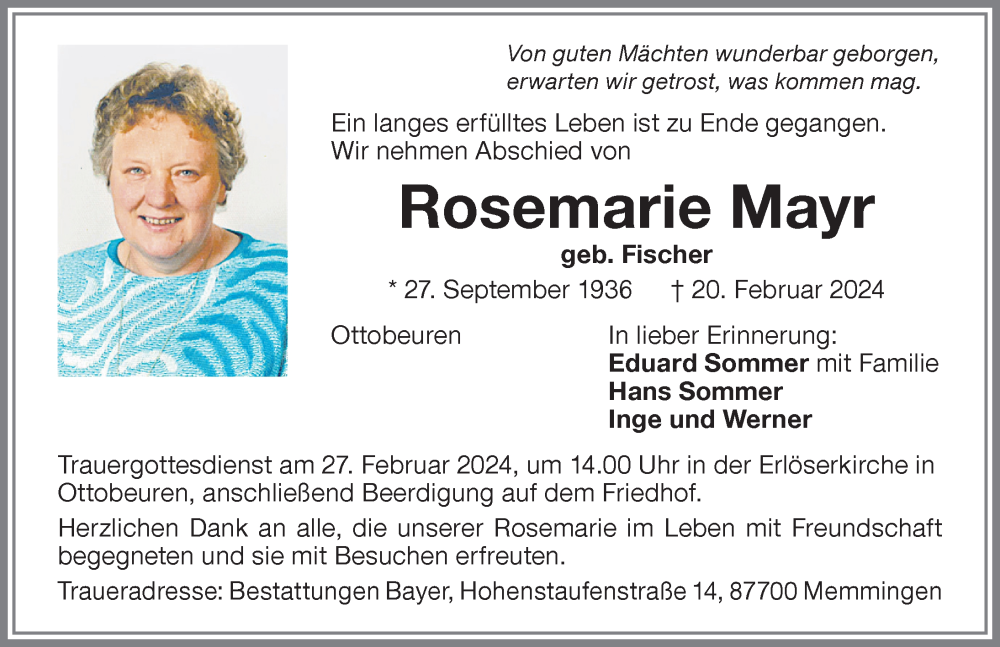 Traueranzeige von Rosemarie Mayr von Memminger Zeitung