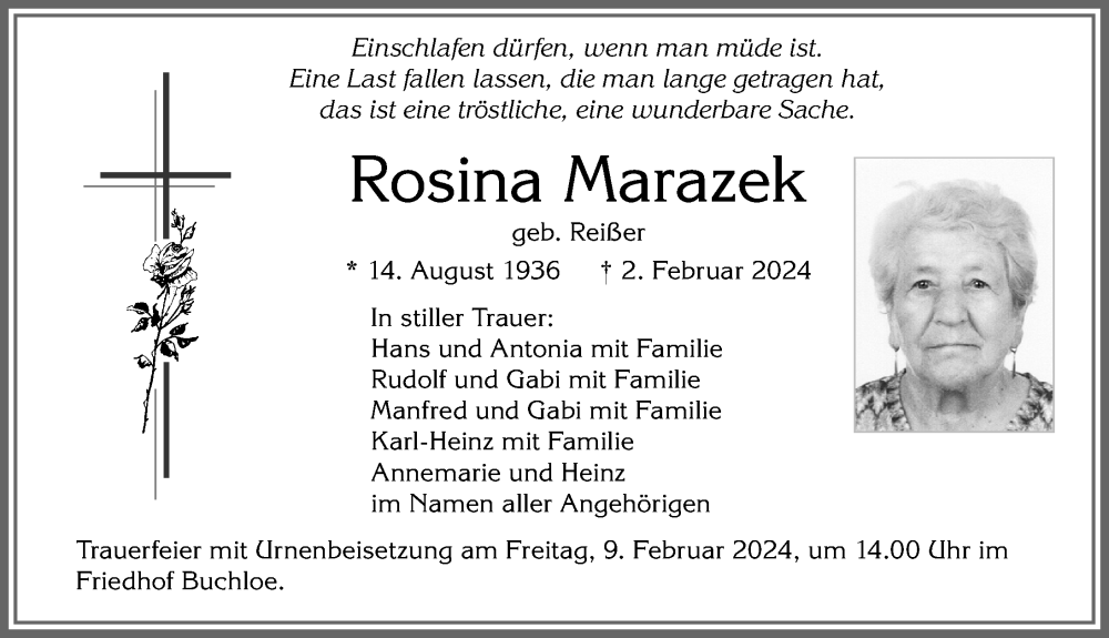 Traueranzeige von Rosina Marazek von Allgäuer Zeitung, Kaufbeuren/Buchloe