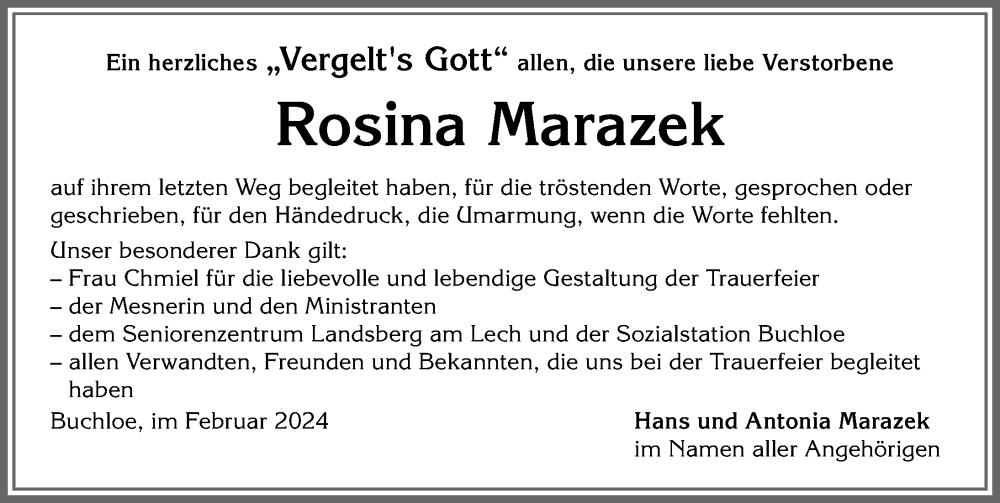 Traueranzeige von Rosina Marazek von Allgäuer Zeitung, Kaufbeuren/Buchloe