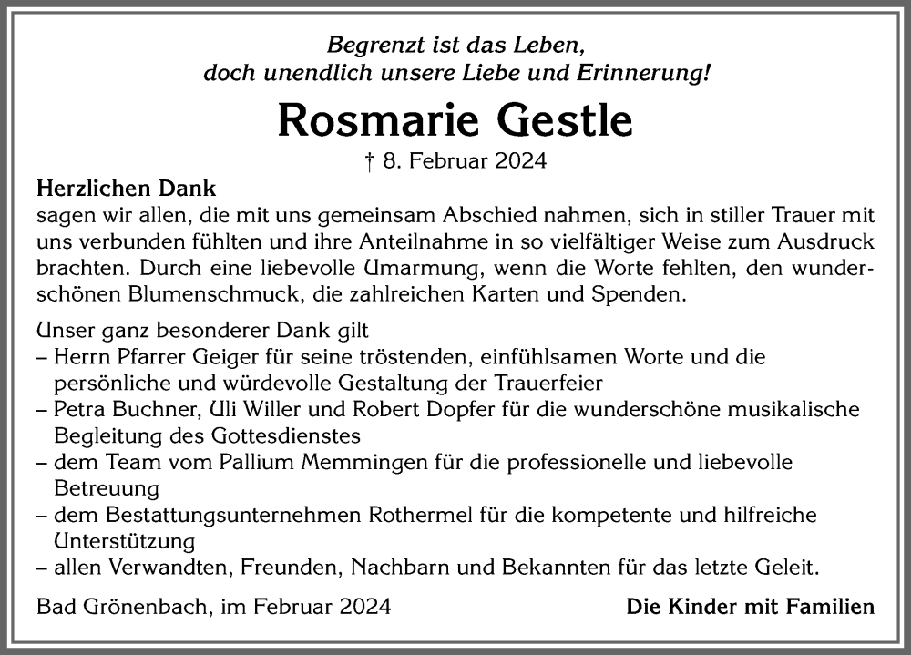 Traueranzeige von Rosmarie Gestle von Memminger Zeitung