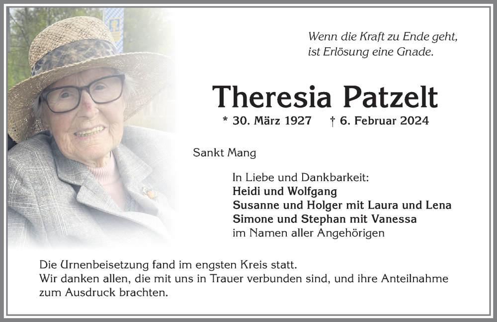 Traueranzeige von Theresia Patzelt von Allgäuer Zeitung,Kempten