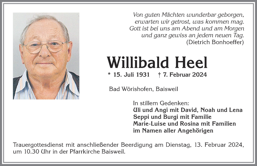 Traueranzeige von Willibald Heel von Allgäuer Zeitung, Kaufbeuren/Buchloe