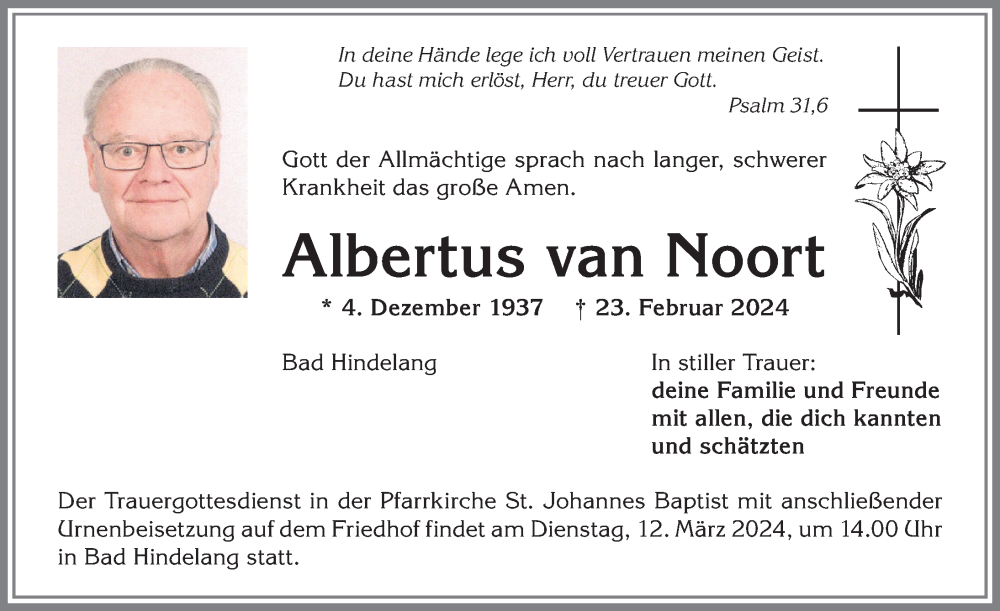 Traueranzeige von Albertus van Noort von Allgäuer Anzeigeblatt