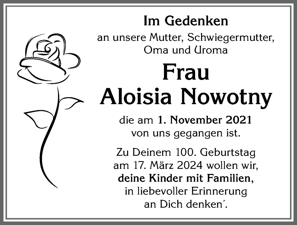 Traueranzeige von Aloisia Nowotny von Allgäuer Zeitung, Kaufbeuren/Buchloe