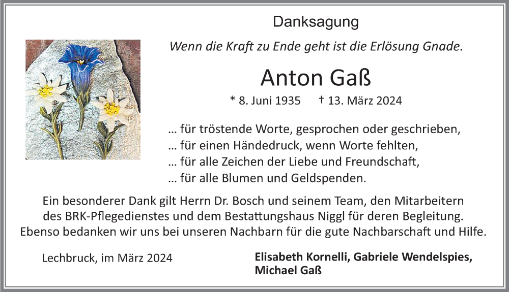 Traueranzeige von Anton Gaß von Allgäuer Zeitung, Füssen