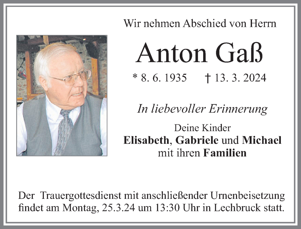 Traueranzeige von Anton Gaß von Allgäuer Zeitung, Füssen