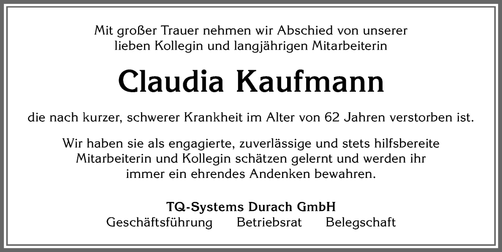 Traueranzeige von Claudia Kaufmann von Allgäuer Zeitung,Kempten