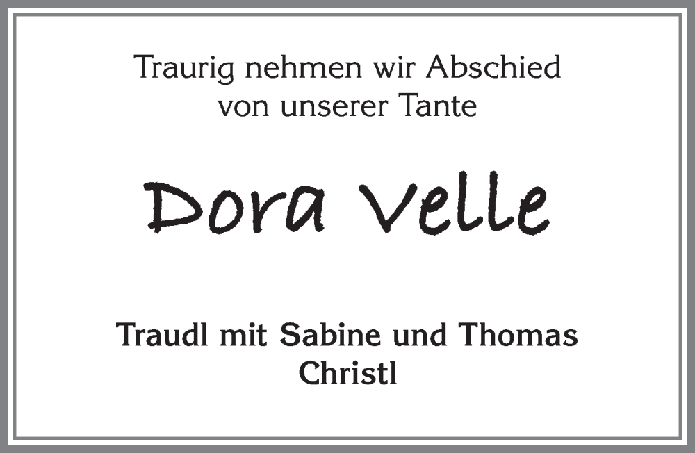 Traueranzeige von Dora Velle von Allgäuer Zeitung, Füssen