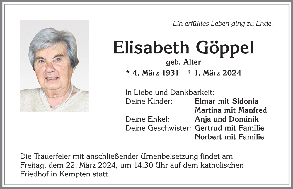 Traueranzeige von Elisabeth Göppel von Allgäuer Zeitung,Kempten