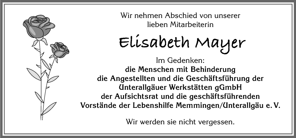 Traueranzeige von Elisabeth Mayer von Memminger Zeitung