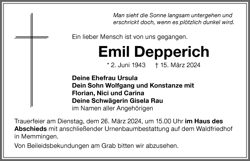 Traueranzeige von Emil Depperich von Memminger Zeitung
