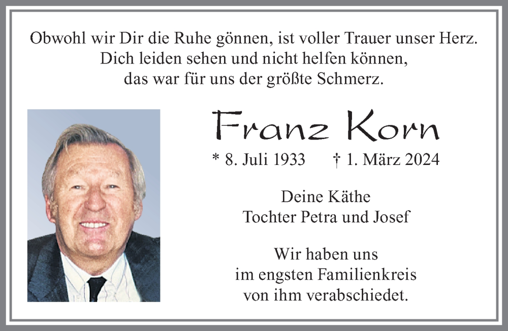 Traueranzeige von Franz Korn von Allgäuer Zeitung, Füssen