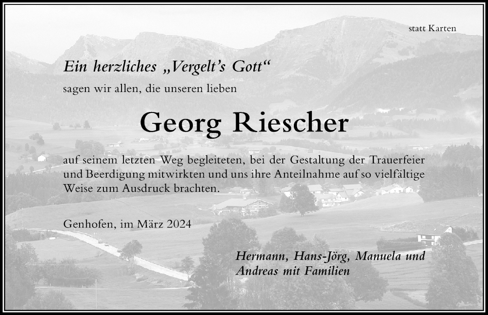 Traueranzeige von Georg Riescher von Der Westallgäuer