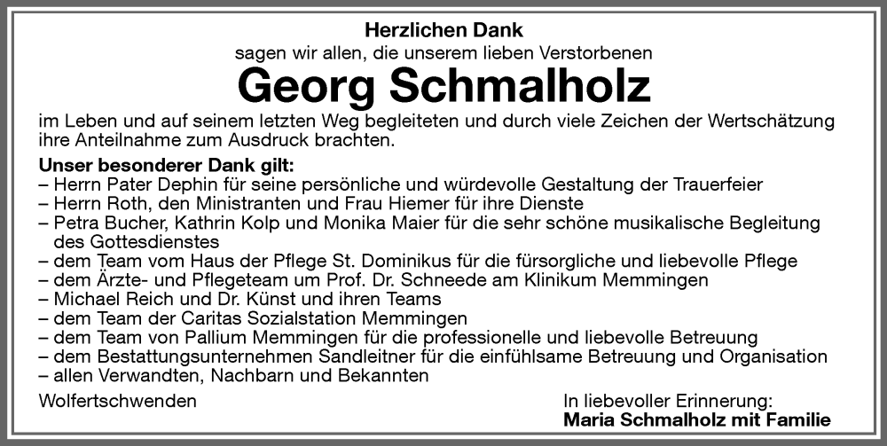 Traueranzeige von Georg Schmalholz von Memminger Zeitung