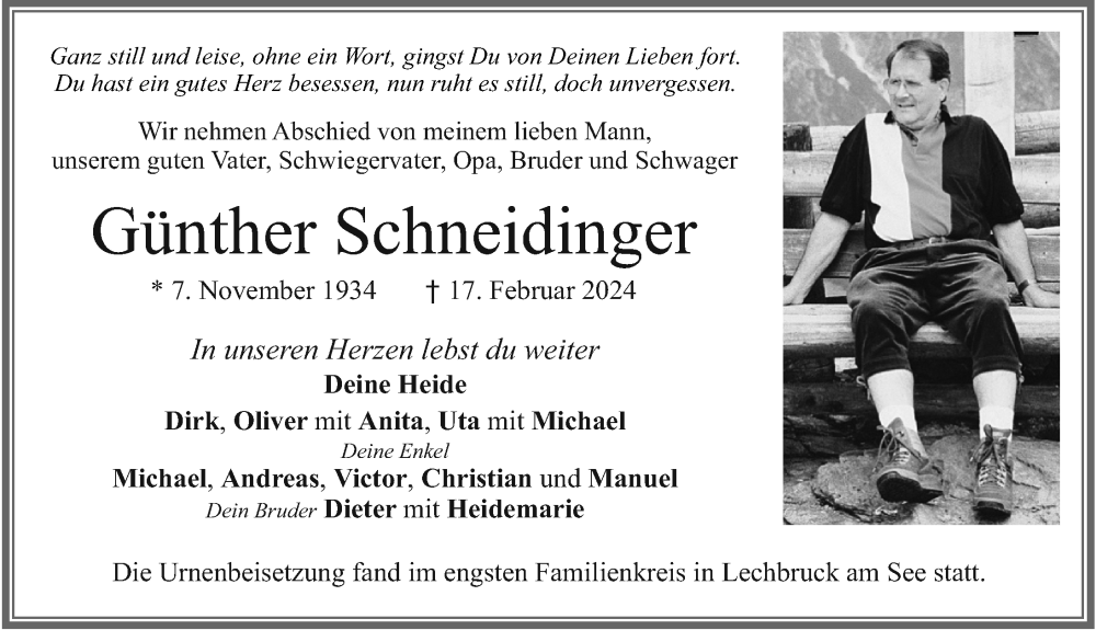 Traueranzeige von Günther Schneidinger von Allgäuer Zeitung, Füssen