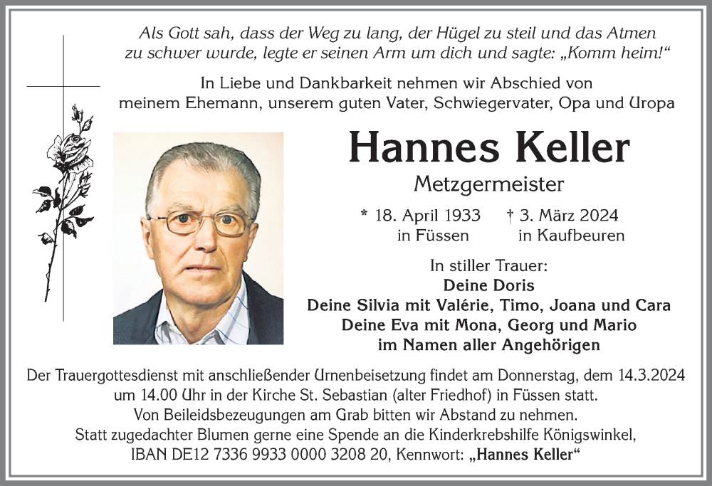 Traueranzeige von Hannes Keller von Allgäuer Zeitung, Füssen
