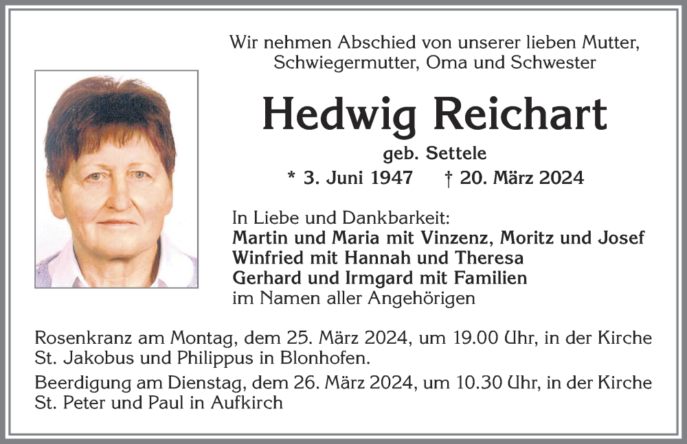 Traueranzeige von Hedwig Reichart von Allgäuer Zeitung, Kaufbeuren/Buchloe