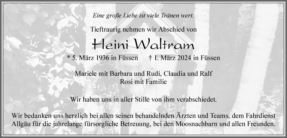 Traueranzeige von Heini Waltram von Allgäuer Zeitung, Füssen