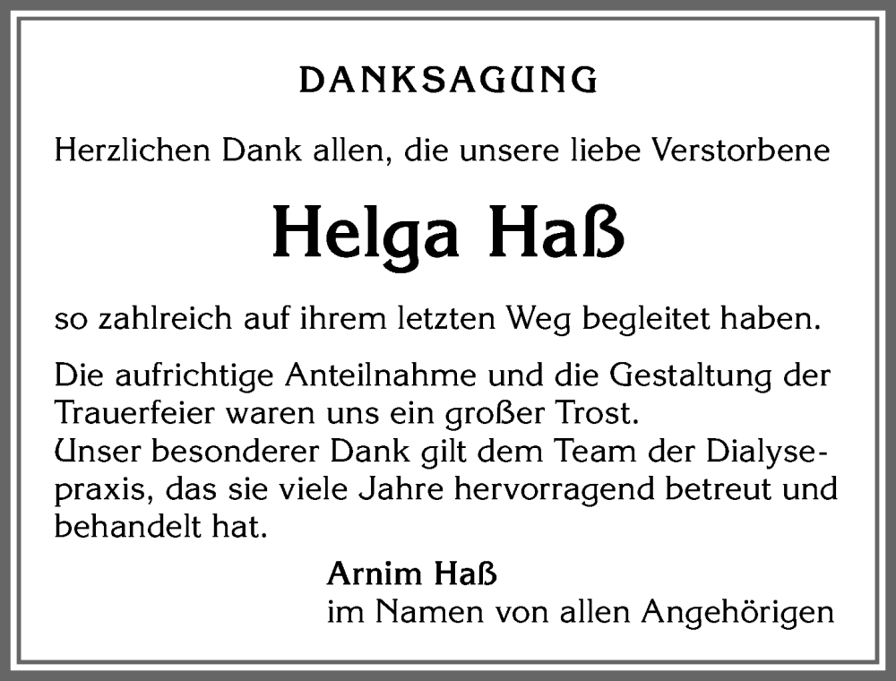 Traueranzeige von Helga Haß von Allgäuer Zeitung, Kaufbeuren/Buchloe