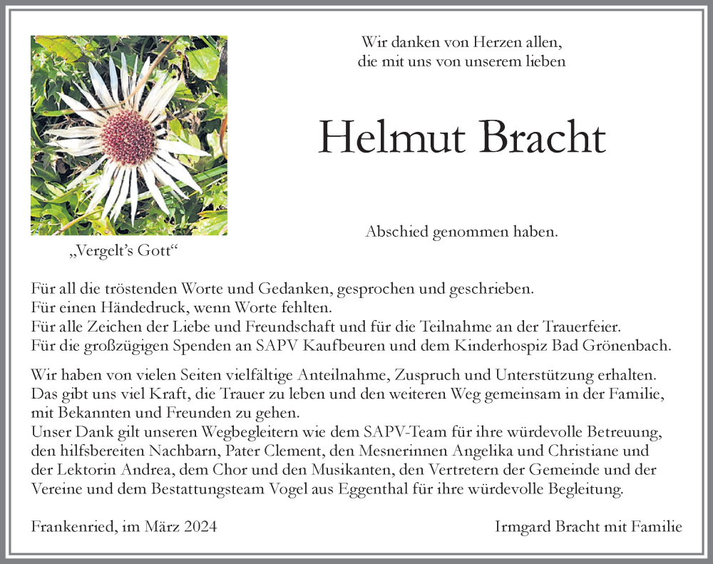 Traueranzeige von Helmut Bracht von Allgäuer Zeitung, Kaufbeuren/Buchloe