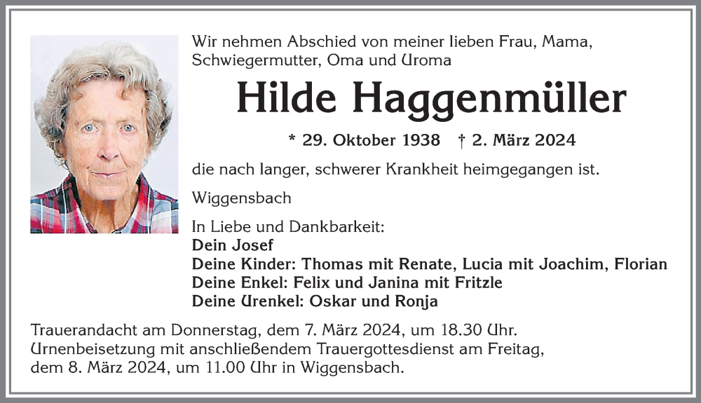 Traueranzeige von Hilde Haggenmüller von Allgäuer Zeitung,Kempten