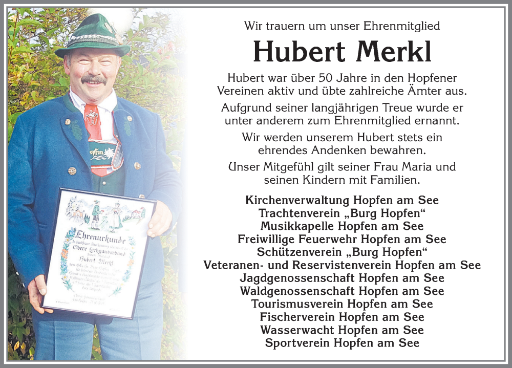 Traueranzeige von Hubert Merkl von Allgäuer Zeitung, Füssen