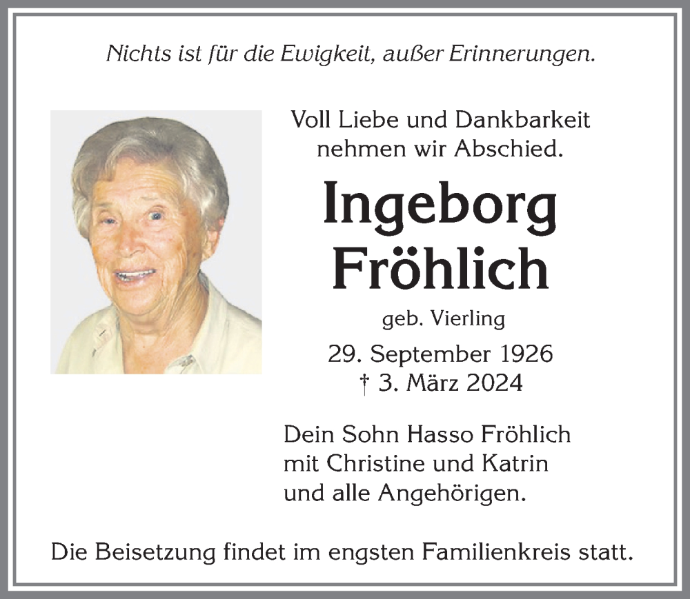 Traueranzeige von Ingeborg Fröhlich von Allgäuer Zeitung, Füssen