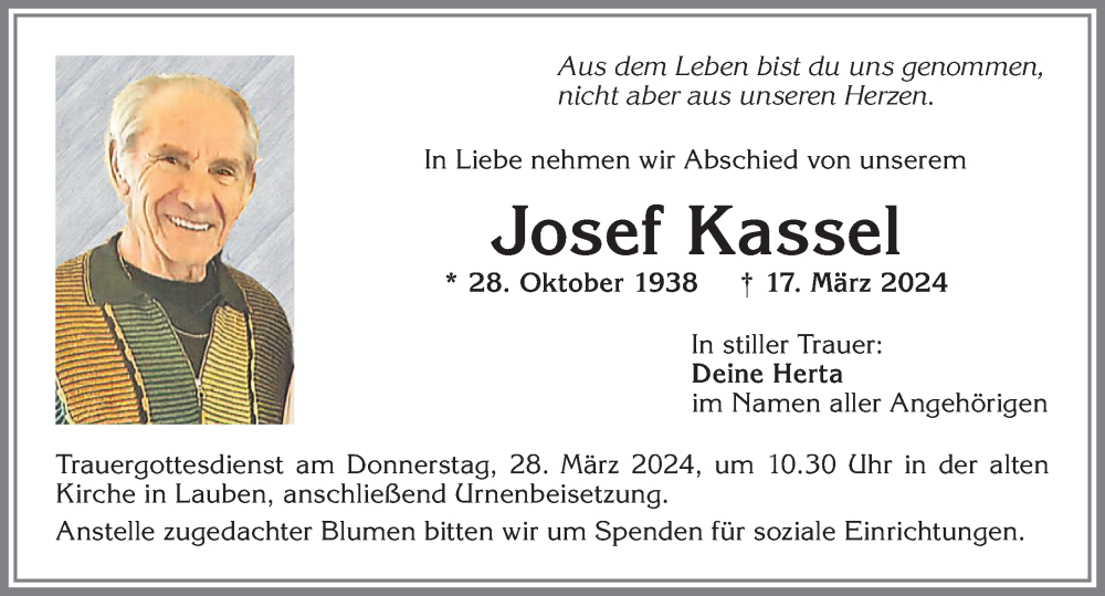Traueranzeige von Josef Kassel von Allgäuer Zeitung,Kempten