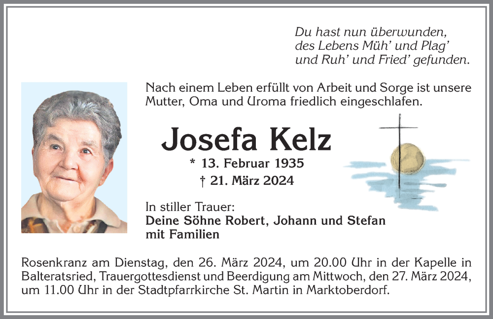 Traueranzeige von Josefa Kelz von Allgäuer Zeitung, Marktoberdorf
