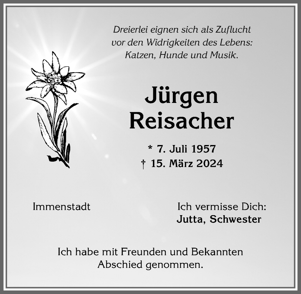 Traueranzeige von Jürgen Reisacher von Allgäuer Anzeigeblatt