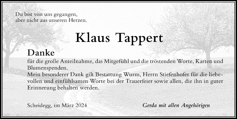 Traueranzeige von Klaus Tappert von Der Westallgäuer