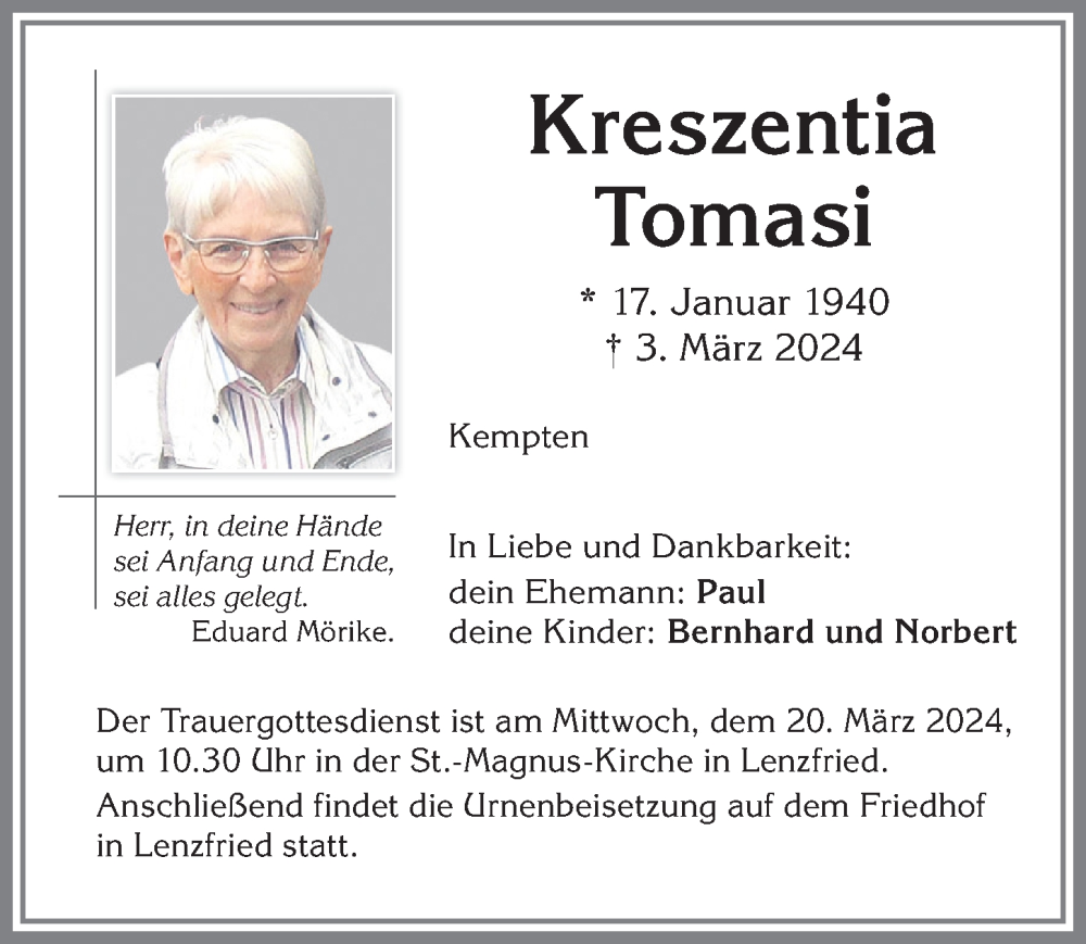 Traueranzeige von Kreszentia Tomasi von Allgäuer Zeitung,Kempten