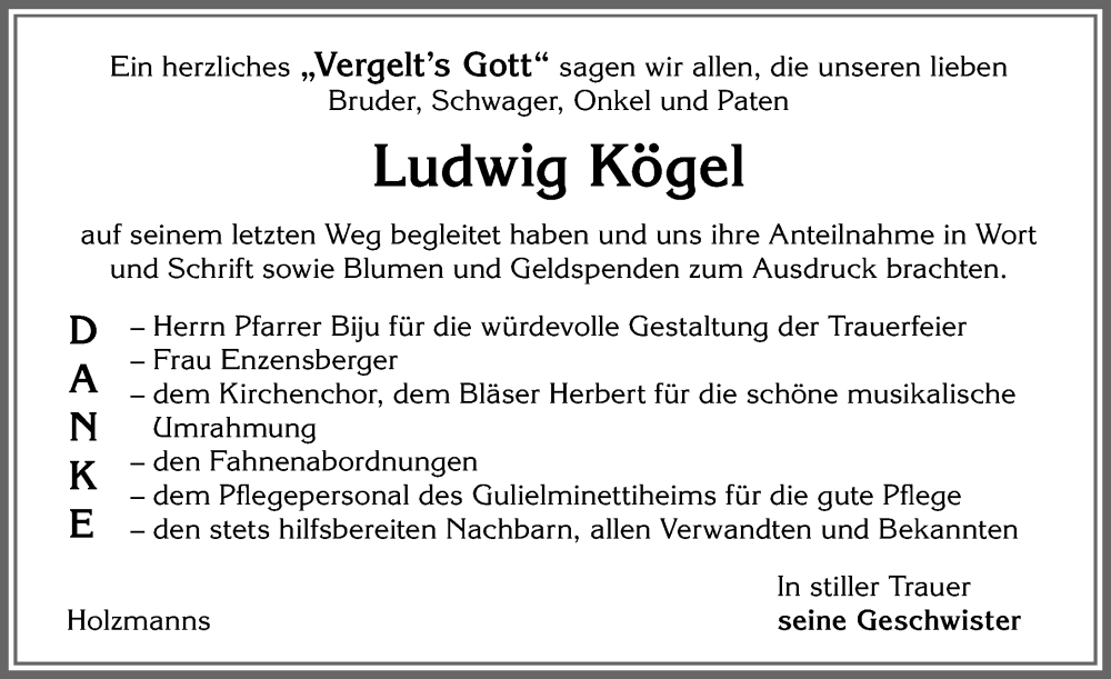 Traueranzeige von Ludwig Kögel von Allgäuer Zeitung, Marktoberdorf