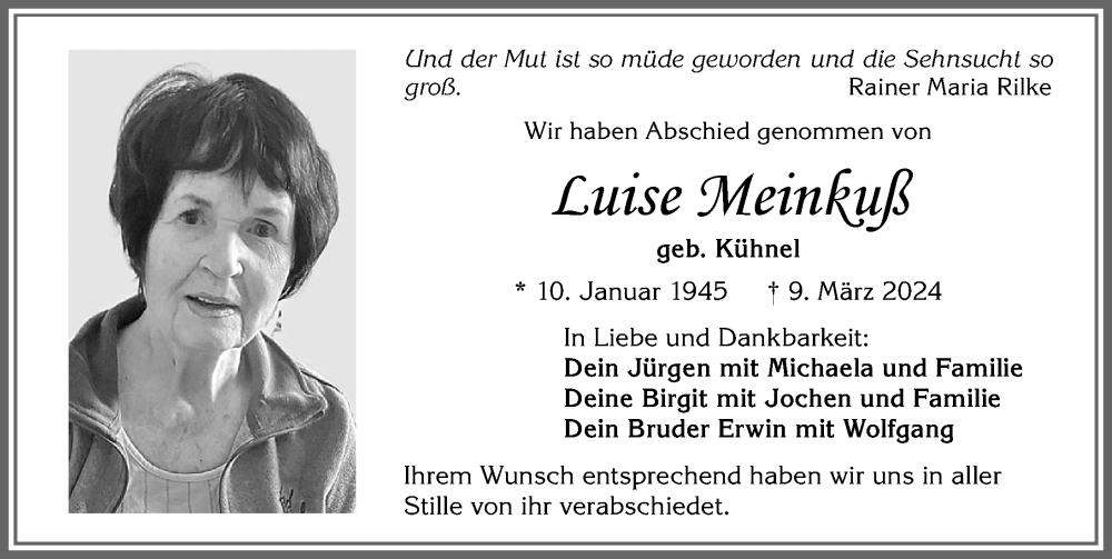 Traueranzeige von Luise Wleinkuß von Allgäuer Zeitung,Kempten