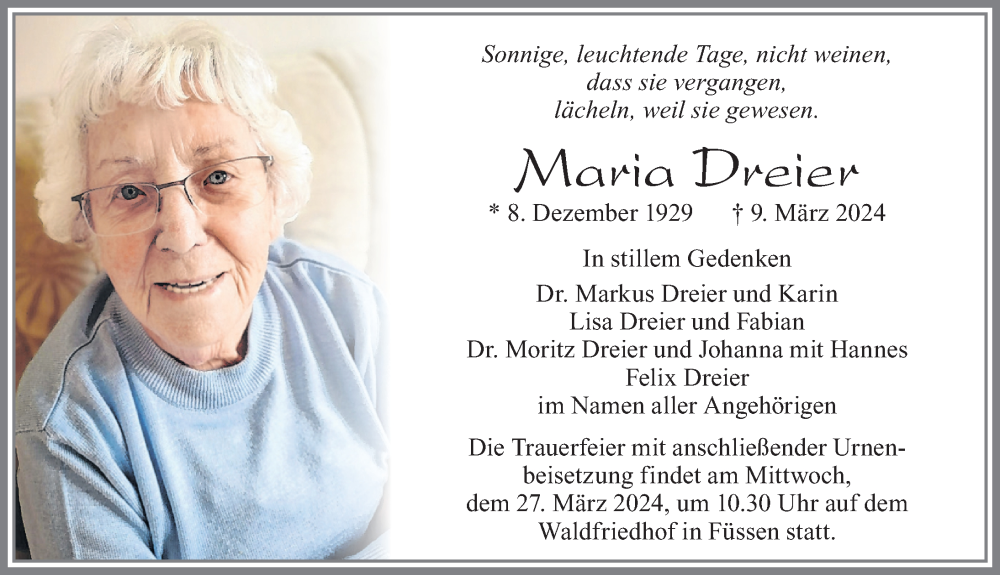 Traueranzeige von Maria Dreier von Allgäuer Zeitung, Füssen