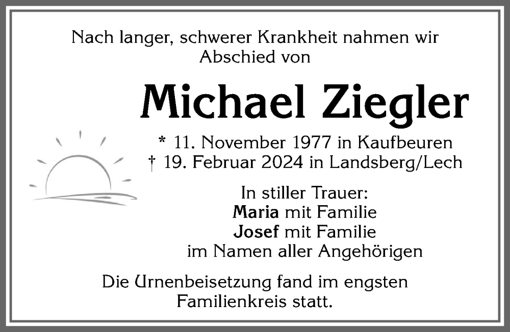 Traueranzeige von Michael Ziegler von Allgäuer Zeitung, Kaufbeuren/Buchloe