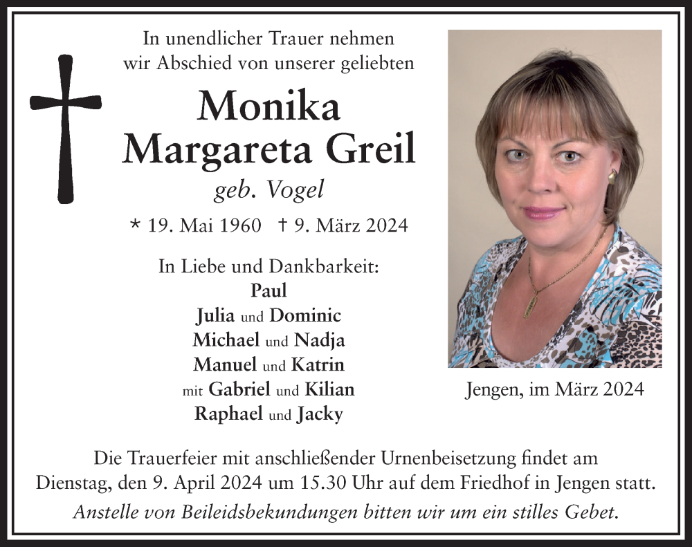  Traueranzeige für Monika Greil vom 28.03.2024 aus Landsberger Tagblatt, Augsburger Allgemeine