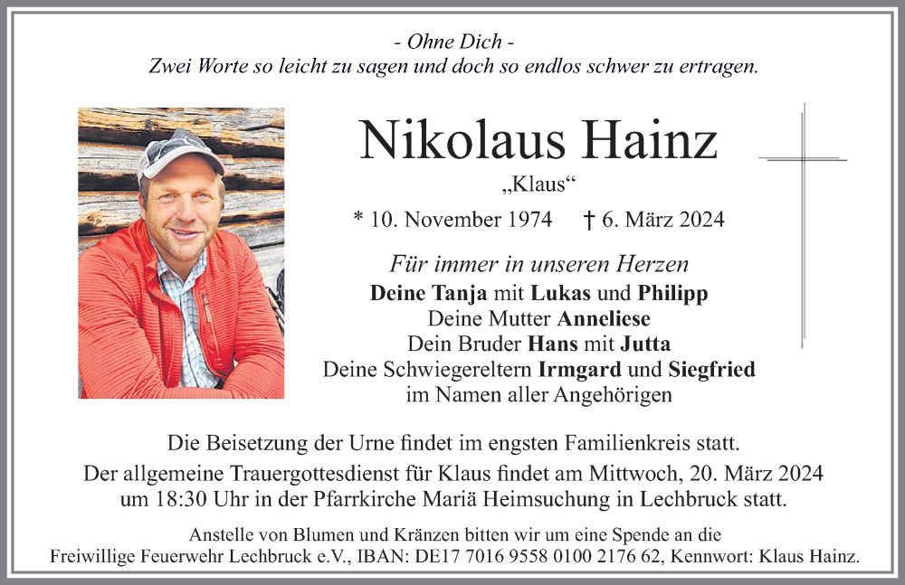 Traueranzeige von Nikolaus Hainz von Allgäuer Zeitung, Füssen