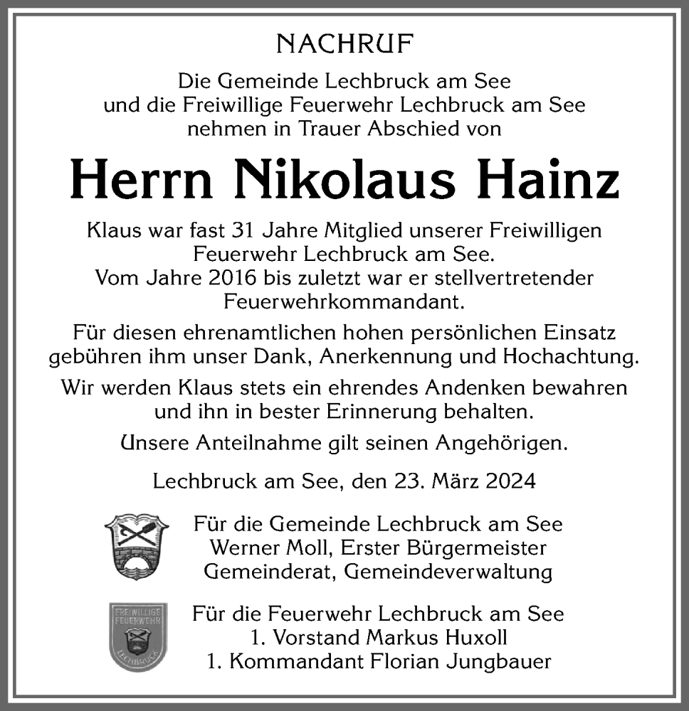 Traueranzeige von Nikolaus Hainz von Allgäuer Zeitung, Füssen