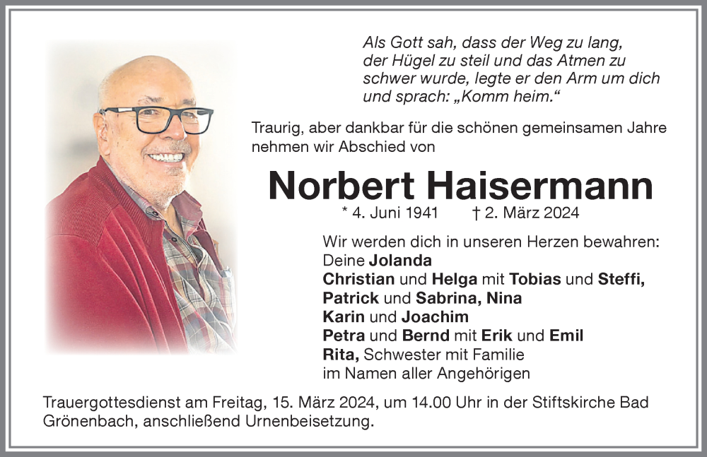 Traueranzeige von Norbert Haisermann von Memminger Zeitung