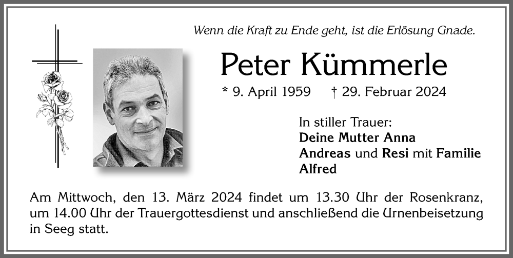 Traueranzeige von Peter Kümmerle von Allgäuer Zeitung, Füssen